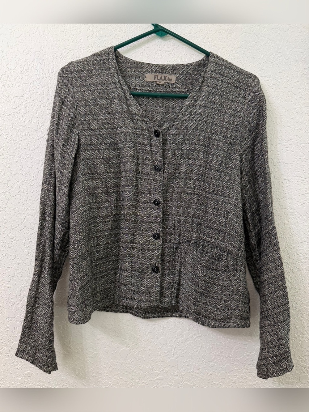Flax Heather Gray/Black Button Front V-Neck Button Cardigan - P / XS